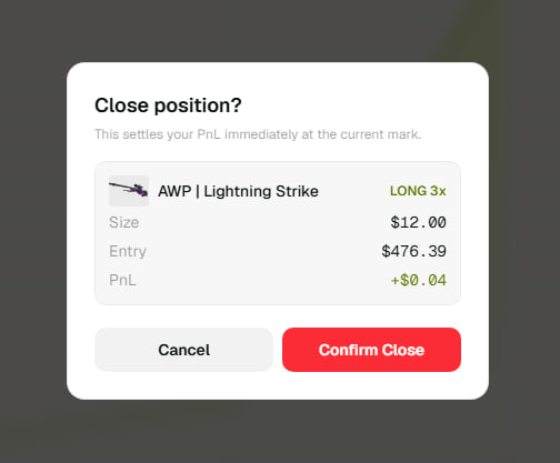 Close confirmation - position, size, entry and live PnL shown before you confirm.