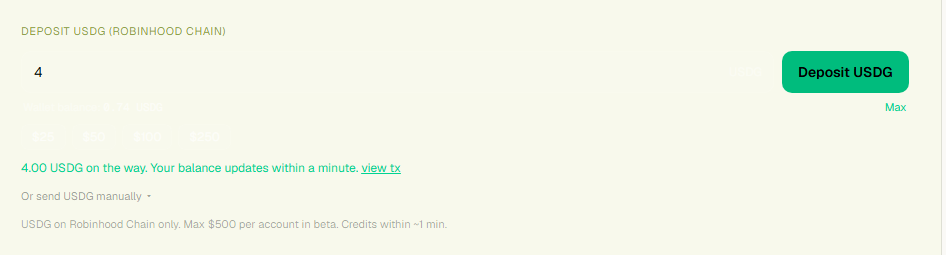 Deposit accepted - 'USDG on the way' confirmation with a link to the transaction.