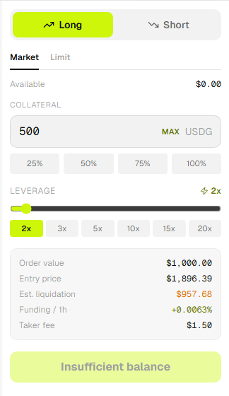 The order ticket - Market or Limit, pick a side, set leverage, and open in USDG.